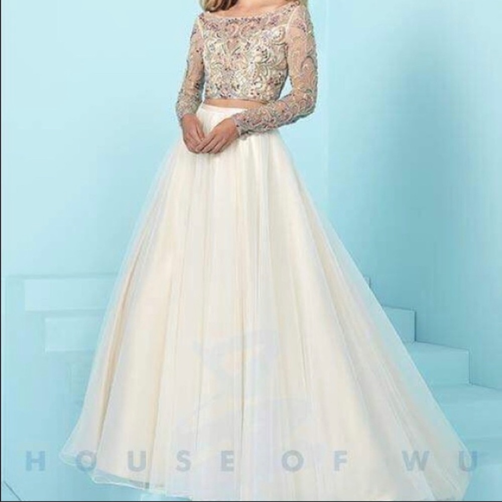 Tiffany Designs Cream and Gold Long Sleeve Dress
